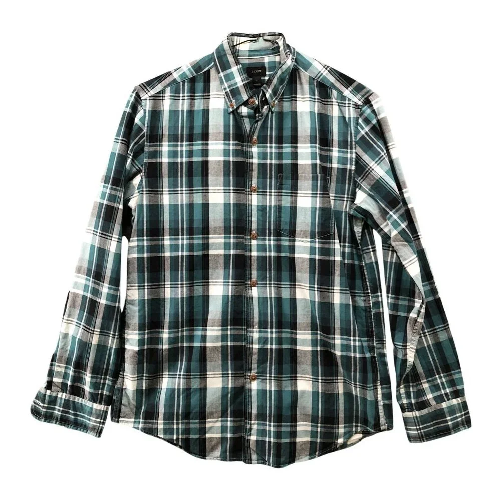 J. Crew Classic‎ Fit Long Sleeve Shirt Mens S Green Plaid Lightweight Cotton
